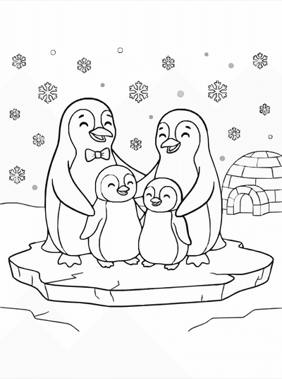 Free printable Penguin Coloring Page – Family in the Snow Printable coloring page