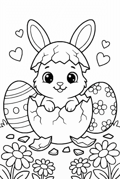 Free printable Easter Bunny Coloring Page – Baby Rabbit Hatching Egg Printable coloring page