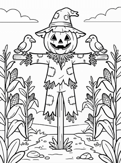 Free printable Scarecrow Coloring Page – Halloween Cornfield Scene Printable coloring page