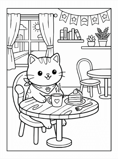 Free printable Kawaii Cat Café Coloring Page – Cute Coffee Shop A4 coloring page