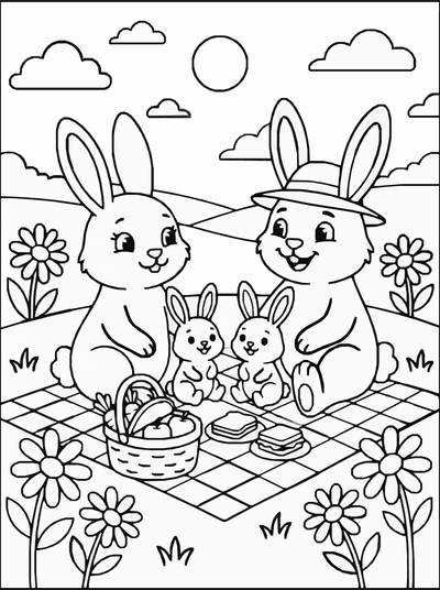 Free printable Bunny Family Coloring Page – Meadow Picnic Scene Printable coloring page