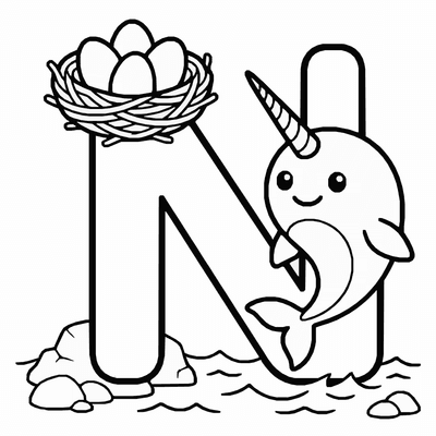 Free printable Letter N Coloring Page – Nest and Narwhal Alphabet Printable for Kids coloring page
