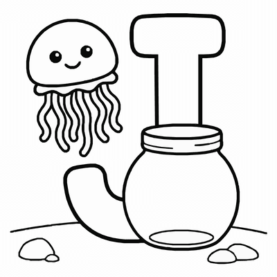 Free printable Letter J Coloring Page – Jellyfish and Jar Alphabet Printable for Kids coloring page