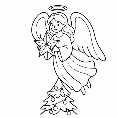 Free printable Christmas Angel Coloring Page – Tree Topper Scene Printable coloring page
