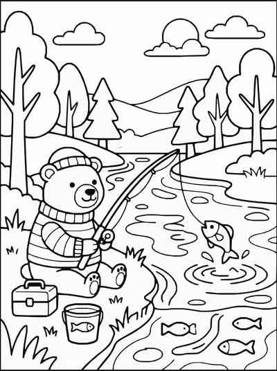 Free printable Cute Bear Fishing Coloring Page coloring page