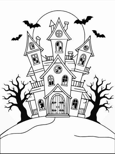 Free printable Haunted House Coloring Page – Spooky Halloween Hill Printable coloring page