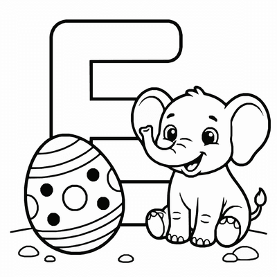 Free printable Letter E Coloring Page – Elephant and Egg Alphabet Printable for Kids coloring page