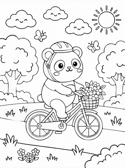 Free printable Kawaii Panda Coloring Page – Cute Bicycle Ride A4 coloring page