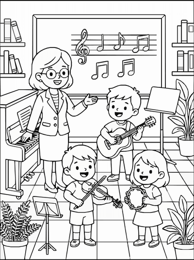 Free printable Music Class Coloring Page – School Music Lesson Printable coloring page