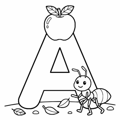 Free printable Letter A Coloring Page – Apple and Ant Alphabet Printable for Kids coloring page