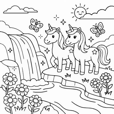 Free printable Unicorn Coloring Page – Magic Waterfall Friends Printable coloring page