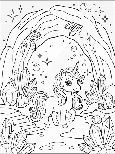 Free printable Unicorn Crystal Cave Coloring Page – Sparkling Gems Printable coloring page