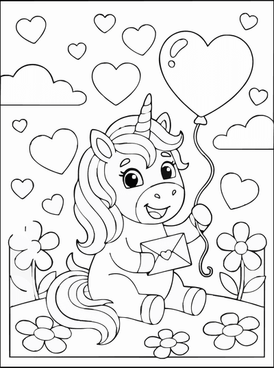 Free printable Unicorn Valentine Coloring Page – Heart Love Printable coloring page