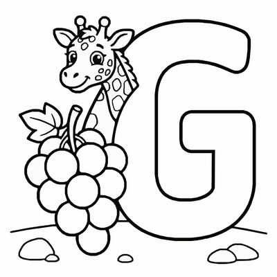 Free printable Letter G Coloring Page – Giraffe and Grapes Alphabet Printable for Kids coloring page
