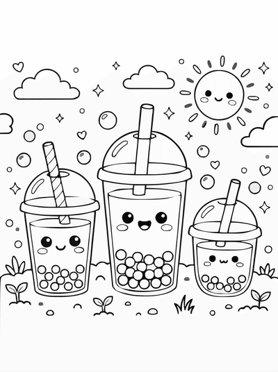 Free printable Kawaii Bubble Tea Coloring Page – Cute Boba Drink Friends A4 coloring page