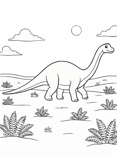 Free printable Diplodocus Coloring Page – Prehistoric Plains Scene Printable for Kids coloring page