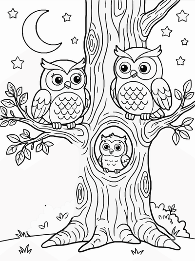 Free printable Owl Coloring Page – Family in Hollow Tree Printable coloring page