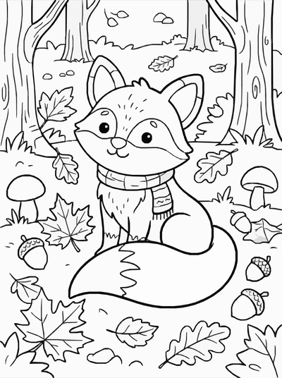 Free printable Fox Coloring Page – Cute Fox in Autumn Forest Printable coloring page