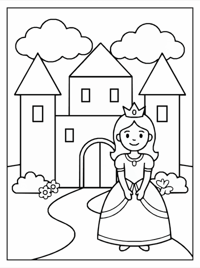 Free printable Castle Princess Coloring Page – Cute Fairy Tale A4 Printable coloring page