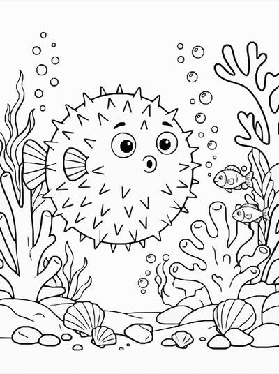 Free printable Puffer Fish Coloring Page – Spiky Ocean Scene Printable coloring page