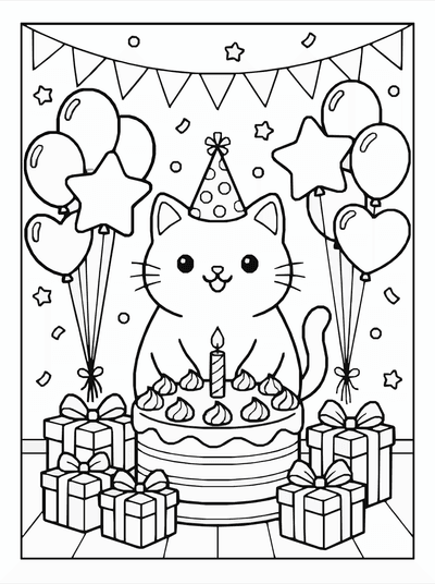 Free printable Kawaii Cat Birthday Party Coloring Page – Celebration A4 coloring page