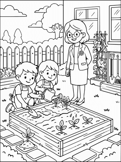 Free printable School Garden Coloring Page – Kids Planting Lesson Printable coloring page