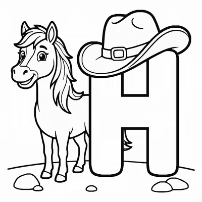 Free printable Letter H Coloring Page – Horse and Hat Alphabet Printable for Kids coloring page