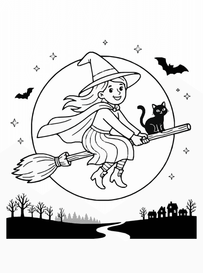 Free printable Witch Coloring Page – Halloween Broomstick Flight Printable coloring page
