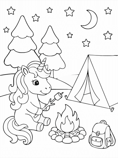 Free printable Unicorn Camping Coloring Page – Campfire Night Printable coloring page