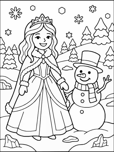 Free printable Winter Princess and Snowman Coloring Page Printable coloring page