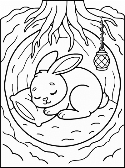 Free printable Bunny Sleeping Coloring Page – Cozy Underground Burrow Printable coloring page