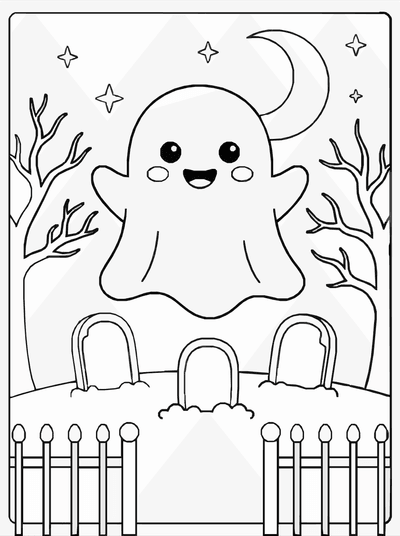 Free printable Ghost Coloring Page – Friendly Halloween Graveyard Printable coloring page