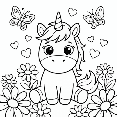 Free printable Baby Unicorn Coloring Page – Flower Garden Printable coloring page