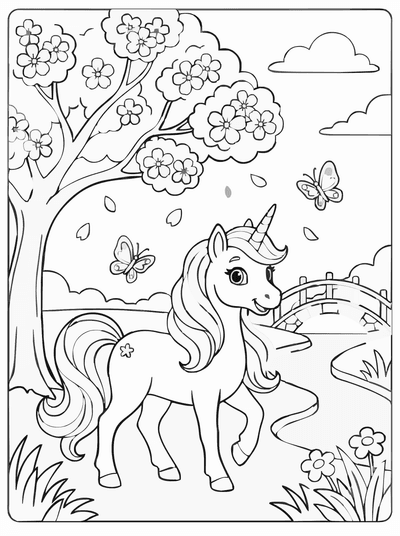 Free printable Unicorn Spring Coloring Page – Cherry Blossom Printable coloring page