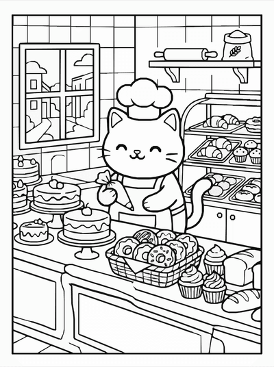 Free printable Kawaii Cat Bakery Coloring Page – Dessert Shop A4 coloring page