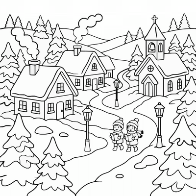 Free printable Christmas Village Coloring Page – Snowy Town Scene Printable coloring page