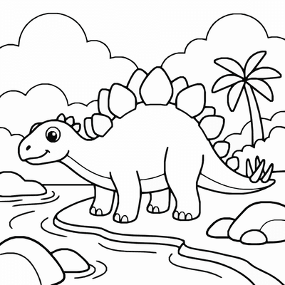 Free printable Stegosaurus Coloring Page – Prehistoric River Scene Printable for Kids coloring page