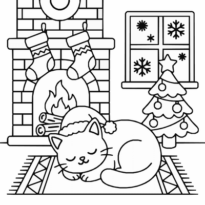 Free printable Christmas Cat Coloring Page – Cozy Fireplace Scene Printable coloring page