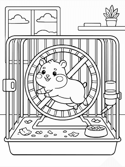 Free printable Hamster Coloring Page – Running Wheel Cage Scene Printable coloring page