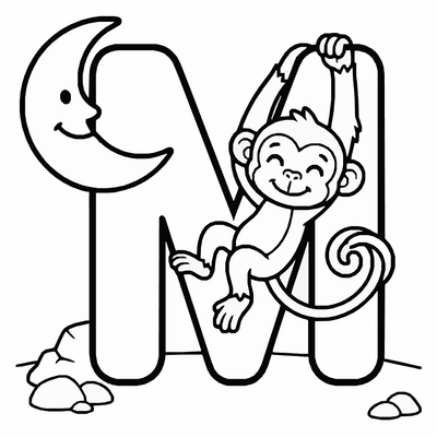 Free printable Letter M Coloring Page – Monkey and Moon Alphabet Printable for Kids coloring page