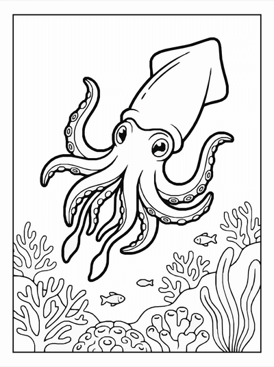 Free printable Squid Ocean Reef Coloring Page – Underwater Scene A4 Printable coloring page
