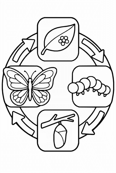 Free printable Butterfly Life Cycle Coloring Page – Science Diagram Printable for Kids coloring page