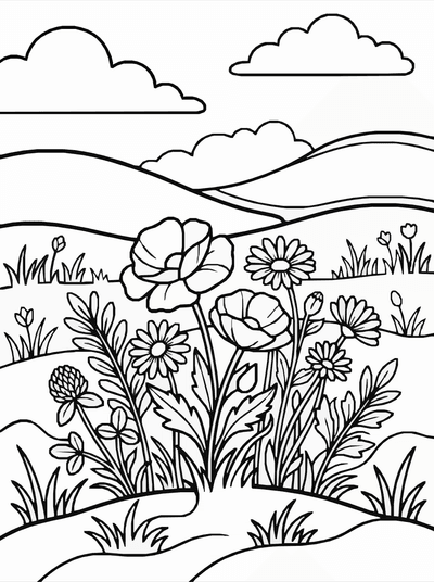 Free printable Meadow Wildflowers Coloring Page coloring page