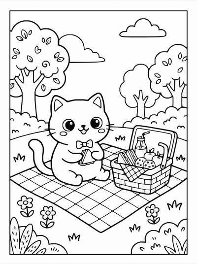 Free printable Kawaii Cat Picnic Coloring Page – Park Scene A4 coloring page
