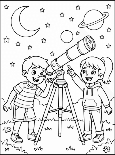 Free printable Telescope Coloring Page – Kids Stargazing Science Printable coloring page