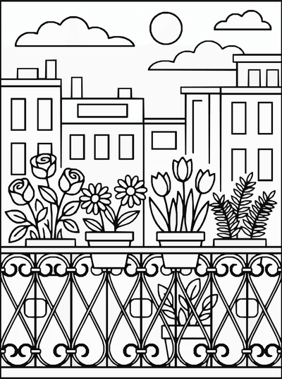 Free printable Balcony Flower Garden Coloring Page coloring page