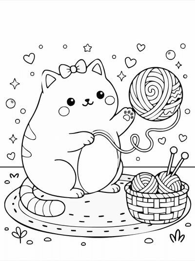 Free printable Kawaii Cat Coloring Page – Cute Yarn Ball Play A4 coloring page