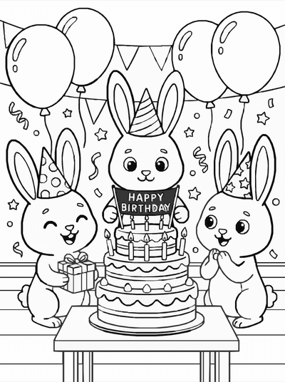 Free printable Bunny Birthday Coloring Page – Rabbit Party Celebration Printable coloring page