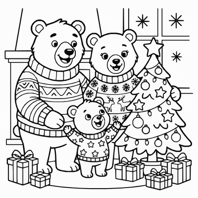 Free printable Christmas Bear Coloring Page – Holiday Family Scene Printable coloring page