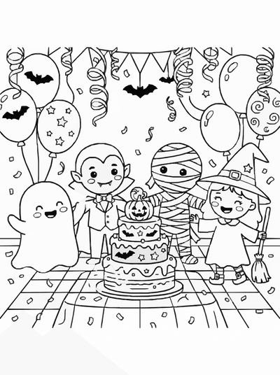 Free printable Halloween Party Coloring Page – Monster Friends Celebration Printable coloring page